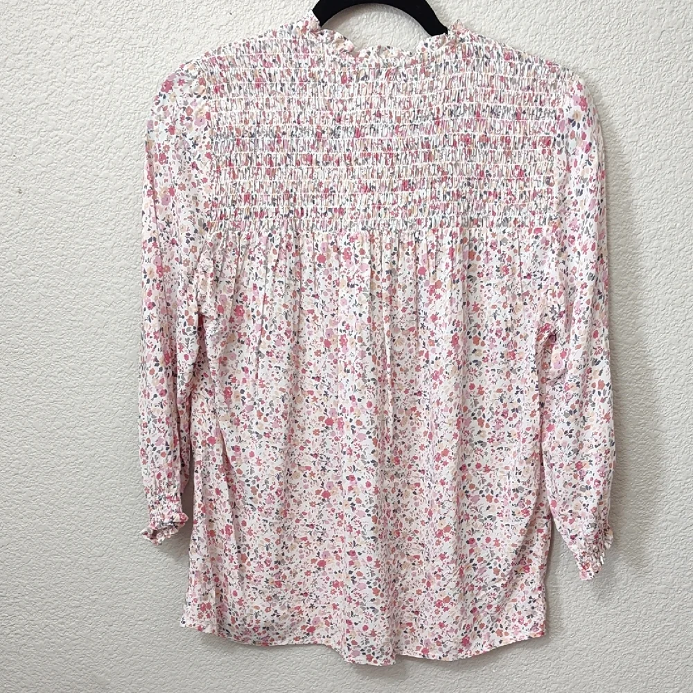 *NWT Cynthia Rowley Pink White Floral Smocked Blouse Long Sleeve Flowy Blouse - Picture 5 of 6